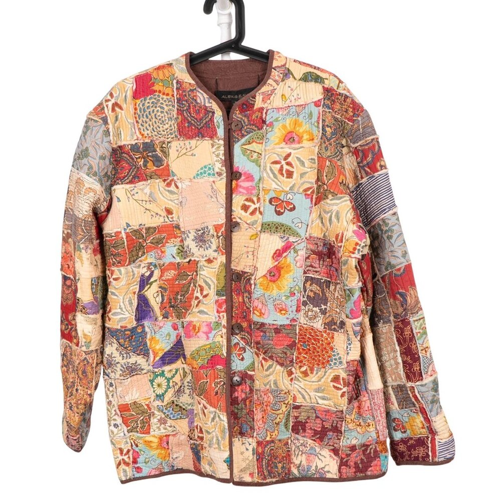 Patchwork Kantha Jacket XL Floral Boho Peasant Festival Long Layering Earthy